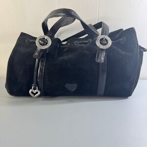 Brighton Black Suede Leather Shoulder Bag Heart Charm Silver Hardware C857725
